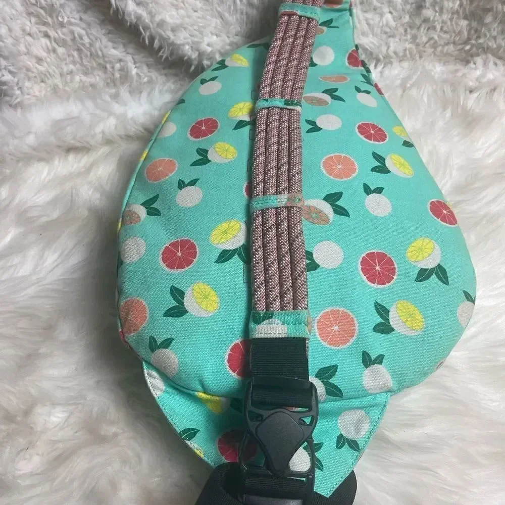 Kavu rope sling back canvas mint green with Orange,yellow, green fruit prints.